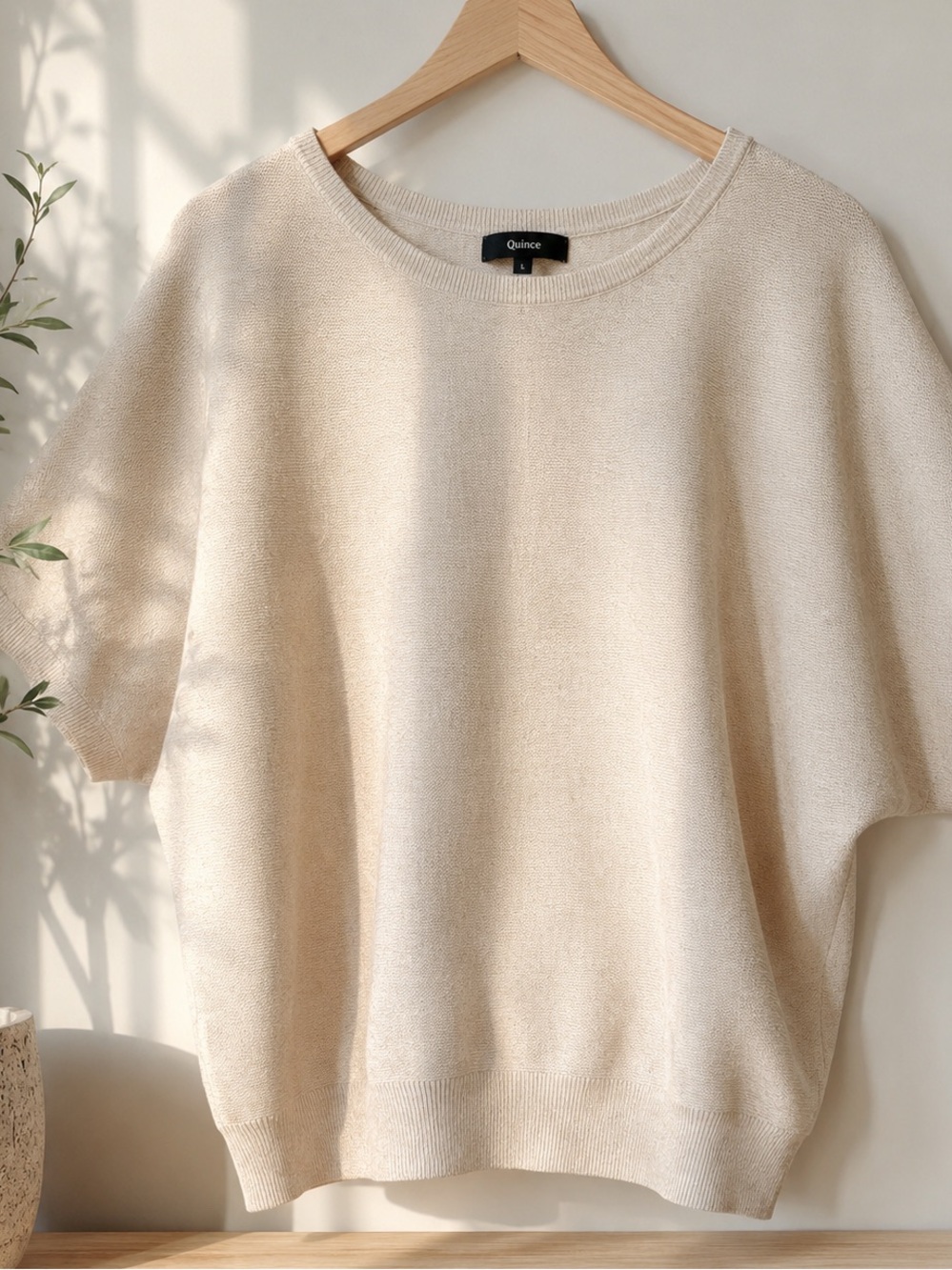 Quince Lightweight Cotton Cashmere Link Stitch Dolman Sweater Heather Oatmeal L